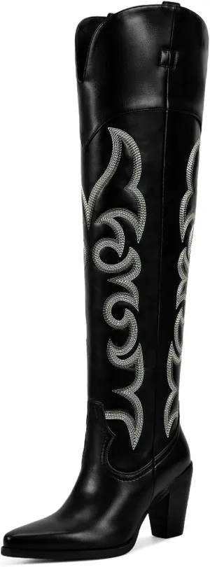 ISNOM Thigh High Cowboy Cowgirl Boots for Women, Over the Knee Western Boots with Vintage Embroidery, Side Zipper, Chunky Heel Design