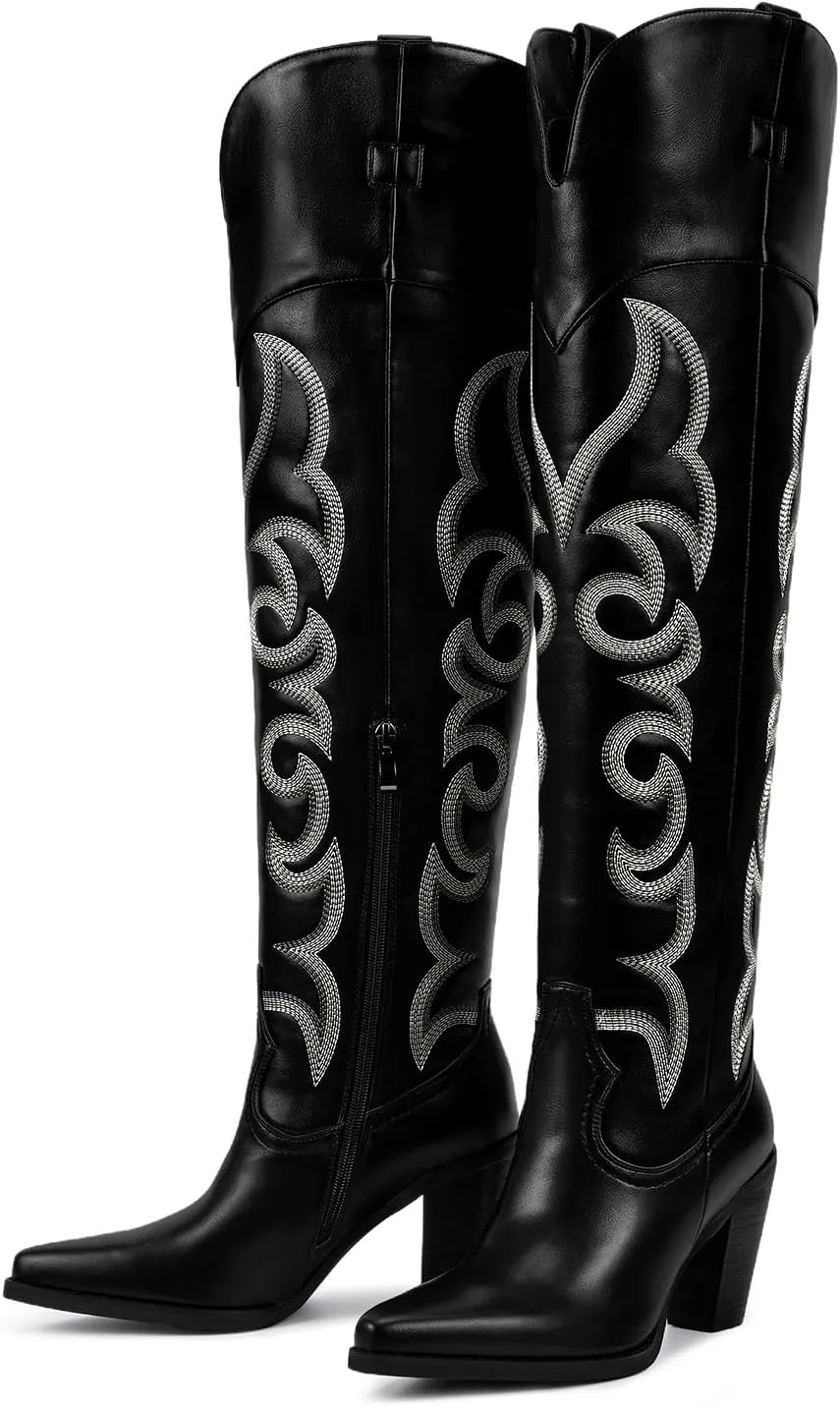 ISNOM Thigh High Cowboy Cowgirl Boots for Women, Over the Knee Western Boots with Vintage Embroidery, Side Zipper, Chunky Heel Design