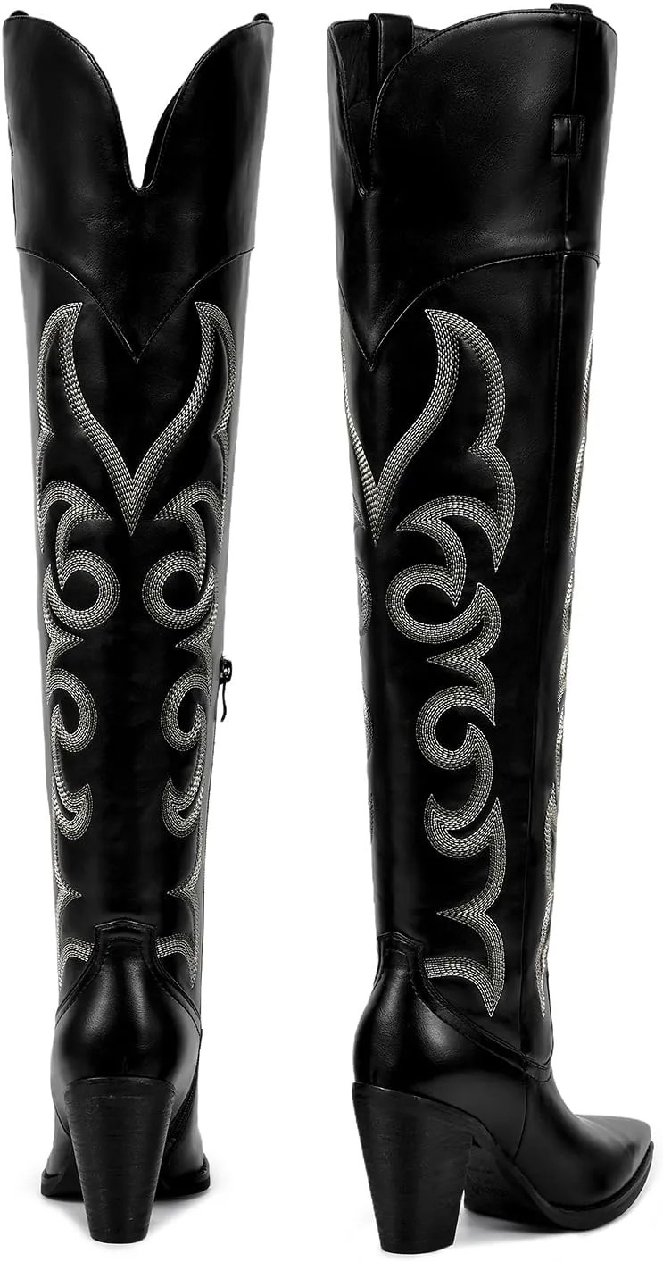 ISNOM Thigh High Cowboy Cowgirl Boots for Women, Over the Knee Western Boots with Vintage Embroidery, Side Zipper, Chunky Heel Design