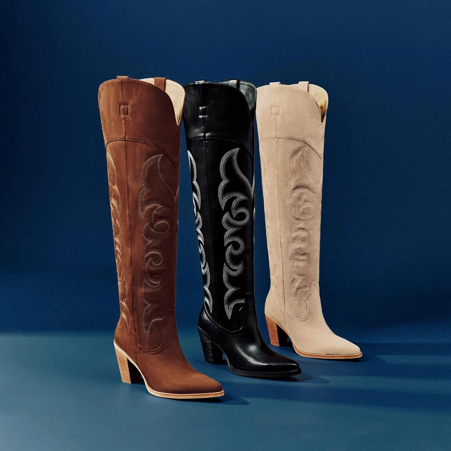 ISNOM Thigh High Cowboy Cowgirl Boots for Women, Over the Knee Western Boots with Vintage Embroidery, Side Zipper, Chunky Heel Design