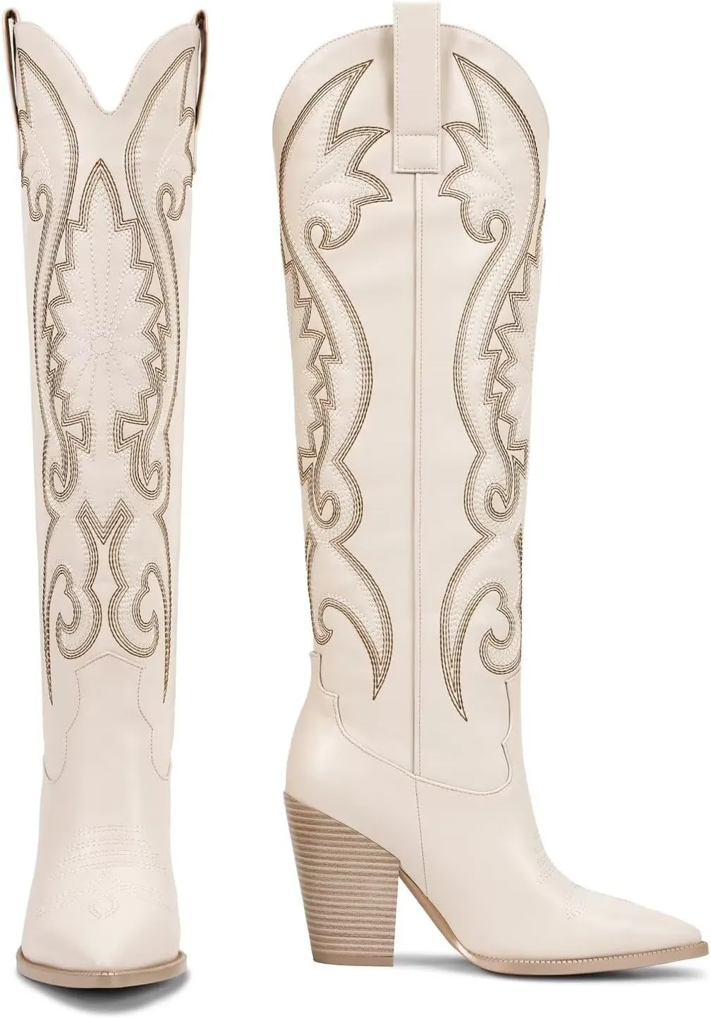 ISNOM Womens Cowboy Knee High Boots Cowgirl Boots Western Boots with Embroidered Pointed Toe Chunky Heel Slip on Retro Tall Boots