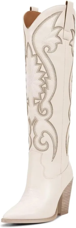 ISNOM Womens Cowboy Knee High Boots Cowgirl Boots Western Boots with Embroidered Pointed Toe Chunky Heel Slip on Retro Tall Boots