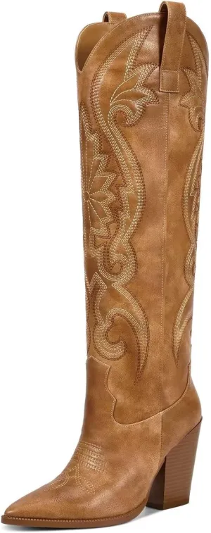 ISNOM Womens Cowboy Knee High Boots Cowgirl Boots Western Boots with Embroidered Pointed Toe Chunky Heel Slip on Retro Tall Boots