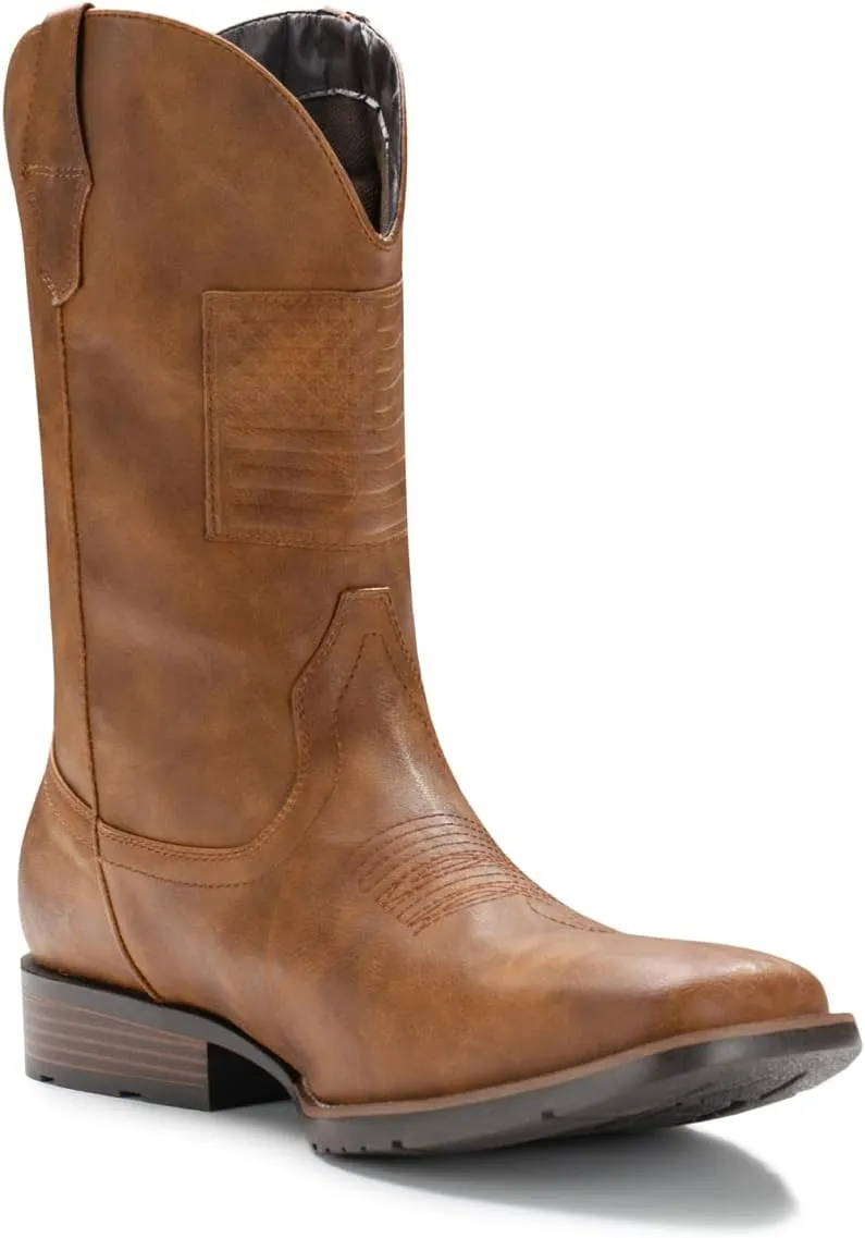 IUV Cowboy Boots For Men Wide Western Boot Traditional American Flag Retro Square Toe Country Work Boots