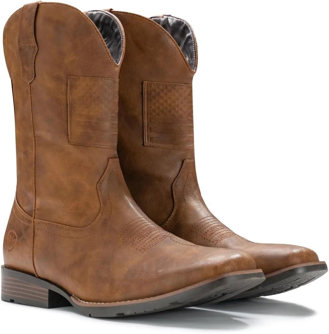 IUV Cowboy Boots For Men Wide Western Boot Traditional American Flag Retro Square Toe Country Work Boots