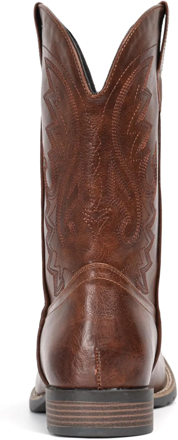IUV Cowboy Boots For Men with Wide Square Toe Western Retro Boot Durable Classic Fashionable Embroidered Pull On Slip Resistant Boots