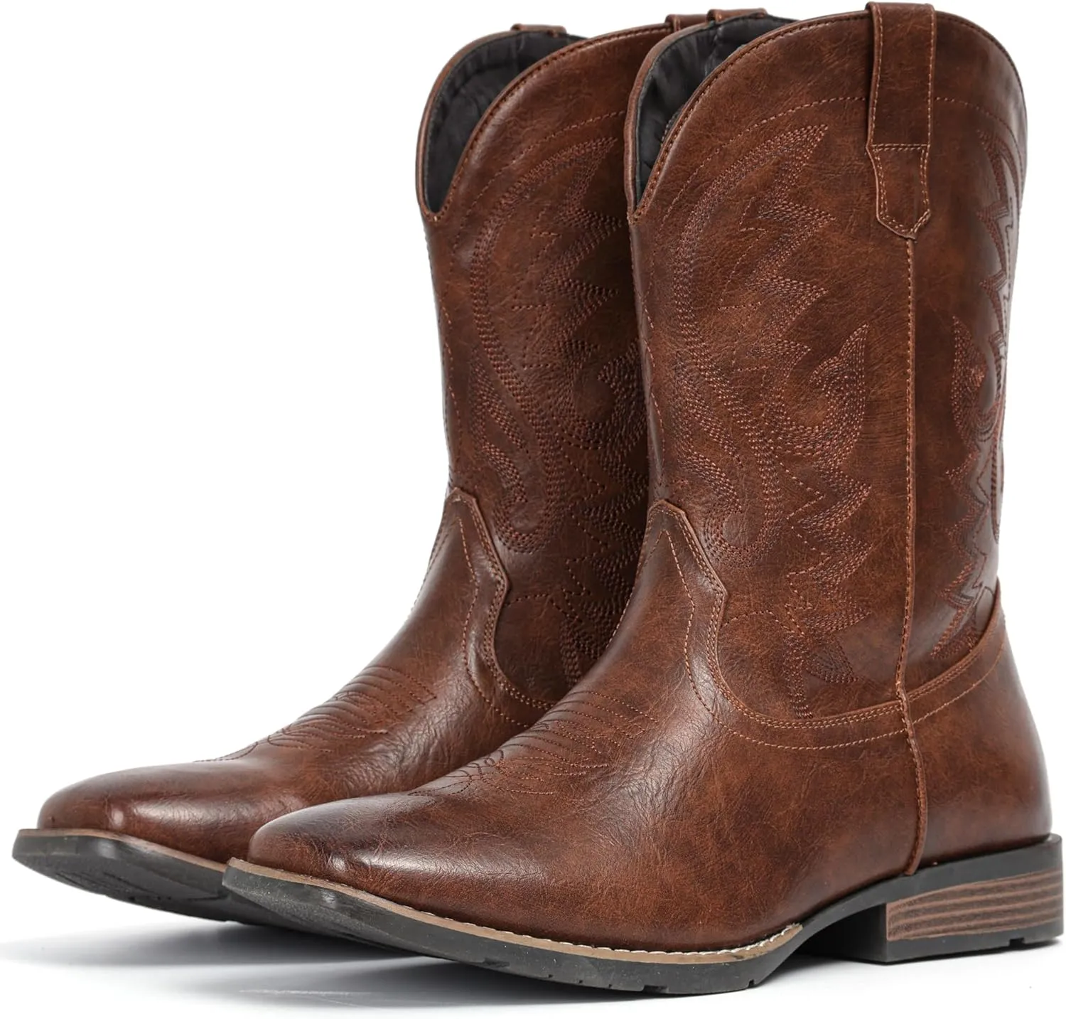 IUV Cowboy Boots For Men with Wide Square Toe Western Retro Boot Durable Classic Fashionable Embroidered Pull On Slip Resistant Boots