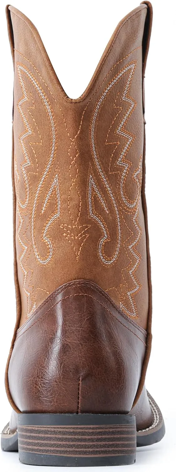 IUV Cowboy Boots For Men with Wide Square Toe Western Retro Boot Durable Classic Fashionable Embroidered Pull On Slip Resistant Boots