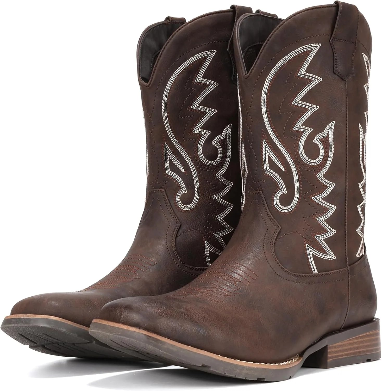 IUV Cowboy Boots For Men with Wide Square Toe Western Retro Boot Durable Classic Fashionable Embroidered Pull On Slip Resistant Boots