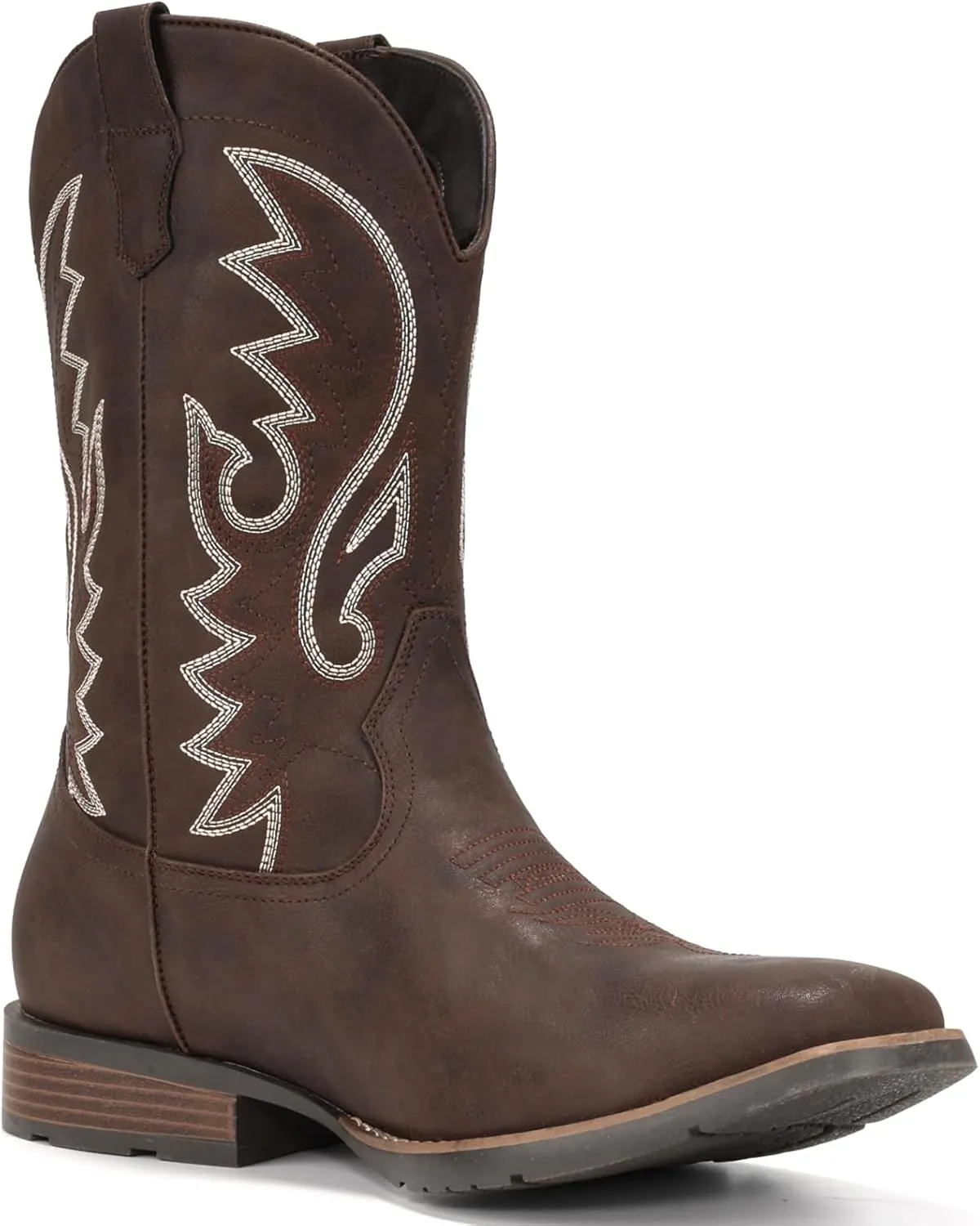 IUV Cowboy Boots For Men with Wide Square Toe Western Retro Boot Durable Classic Fashionable Embroidered Pull On Slip Resistant Boots