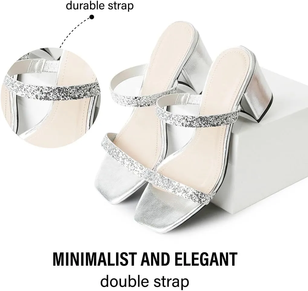 J. Adams Stormi Heeled Sandals Women Dressy Summer Flat Mules- Square Toe Double Band Low Block Heel Sandals - Chunky Sandals for Women - Summer Sandals, Womens Dress Sandals, Women's Heeled Sandals