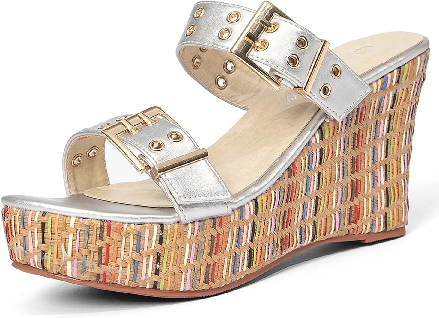 Jeesay Women's Slides Wedge Sandals with Buckle Strap Slip On Peep Toe Platform Sandals High Heels Shoes