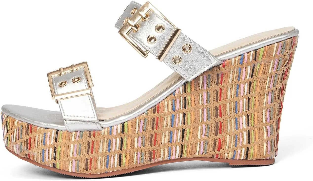 Jeesay Women's Slides Wedge Sandals with Buckle Strap Slip On Peep Toe Platform Sandals High Heels Shoes