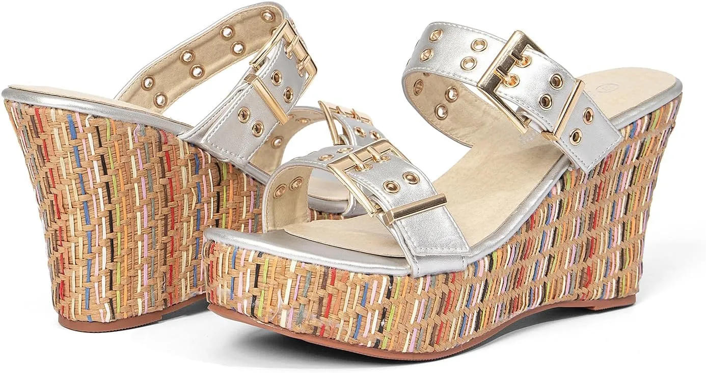 Jeesay Women's Slides Wedge Sandals with Buckle Strap Slip On Peep Toe Platform Sandals High Heels Shoes