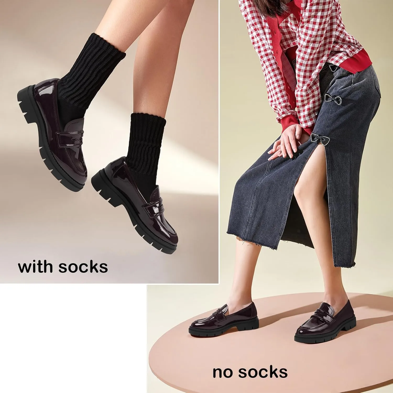 JENN ARDOR Women's Chunky Loafers Slip On Lug Sole Penny Loafer Comfort Casual Round Toe Mid Heels Platform Work Shoes
