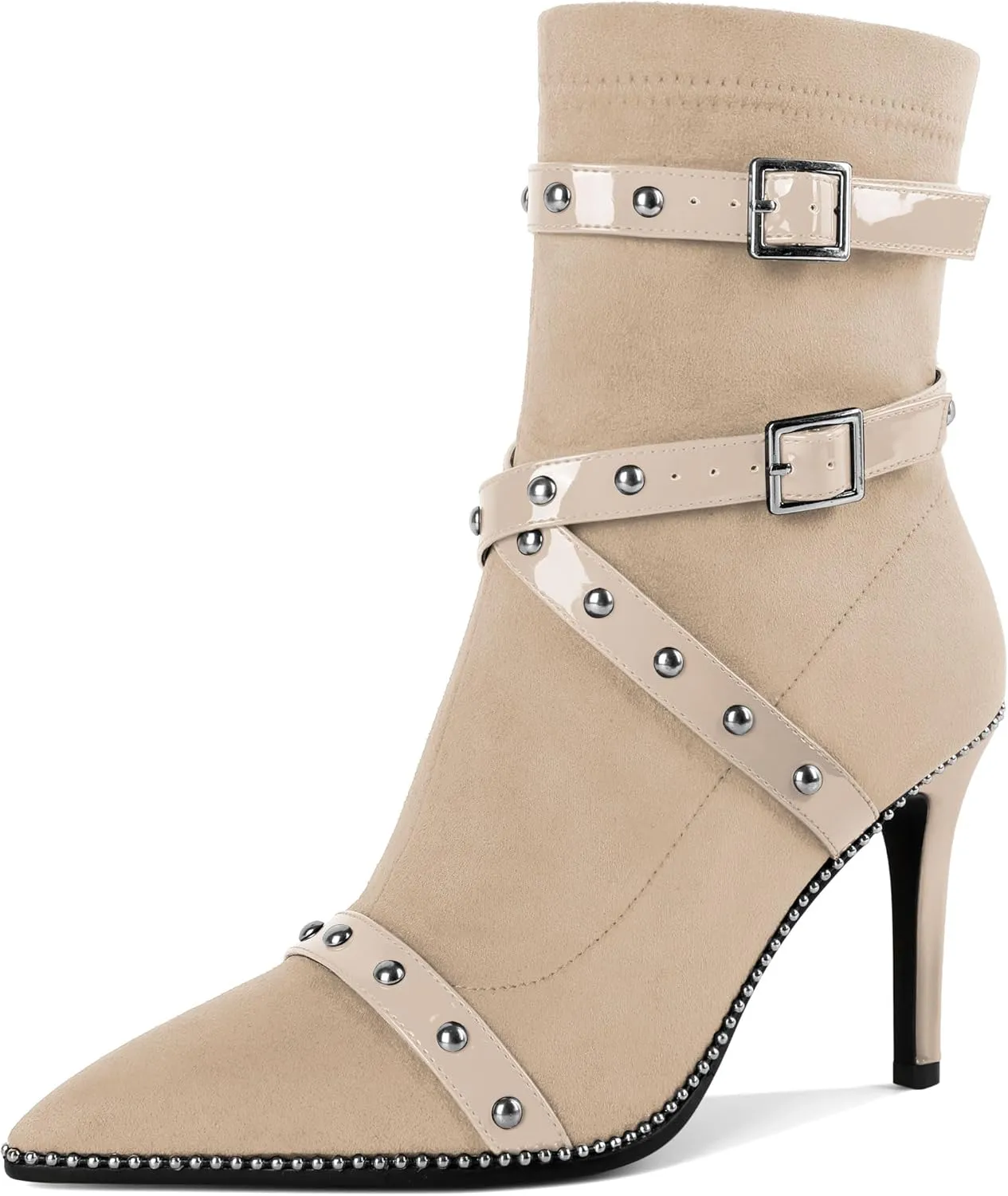 Joseywade Womens Ankle Booties 3.7 Inch Heel High Stiletto Boots Beaded Studded Pointed Toe Side Zipper Boots Size 5-13