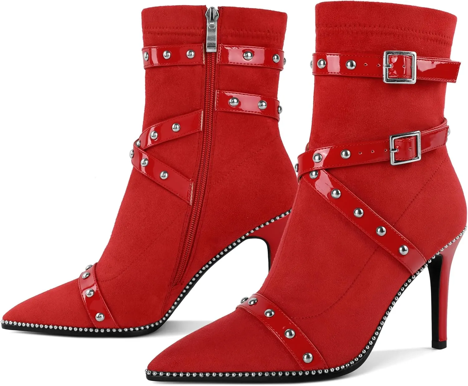 Joseywade Womens Ankle Booties 3.7 Inch Heel High Stiletto Boots Beaded Studded Pointed Toe Side Zipper Boots Size 5-13