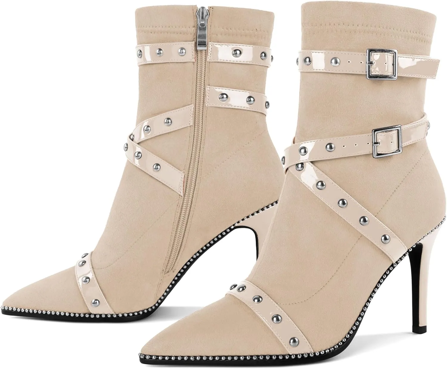 Joseywade Womens Ankle Booties 3.7 Inch Heel High Stiletto Boots Beaded Studded Pointed Toe Side Zipper Boots Size 5-13