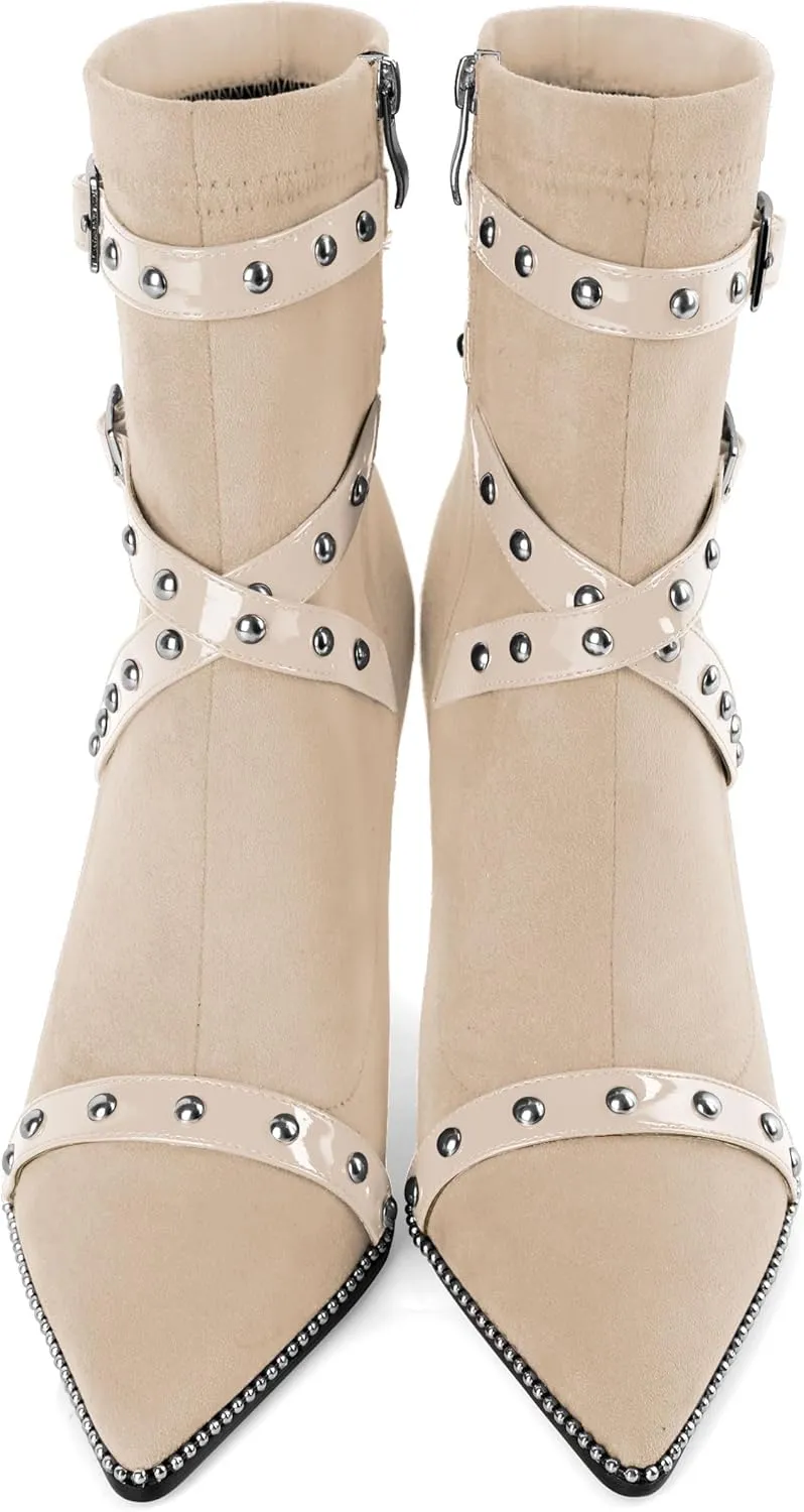 Joseywade Womens Ankle Booties 3.7 Inch Heel High Stiletto Boots Beaded Studded Pointed Toe Side Zipper Boots Size 5-13