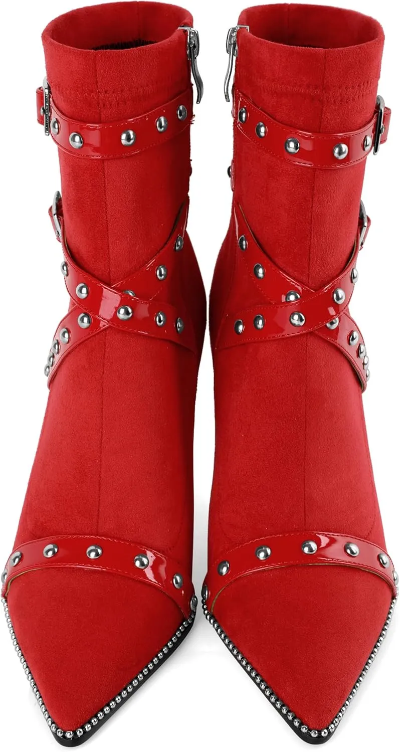 Joseywade Womens Ankle Booties 3.7 Inch Heel High Stiletto Boots Beaded Studded Pointed Toe Side Zipper Boots Size 5-13
