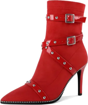 Joseywade Womens Ankle Booties 3.7 Inch Heel High Stiletto Boots Beaded Studded Pointed Toe Side Zipper Boots Size 5-13