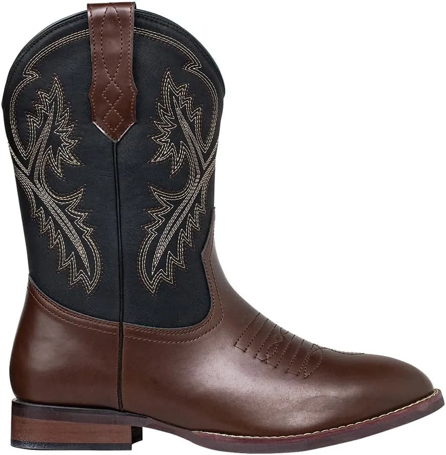 J's.o.l.e Mens Cowboy Boots R Toe Western Embroidered Slip On Country Horsing Riding Round Toe Boots Brown