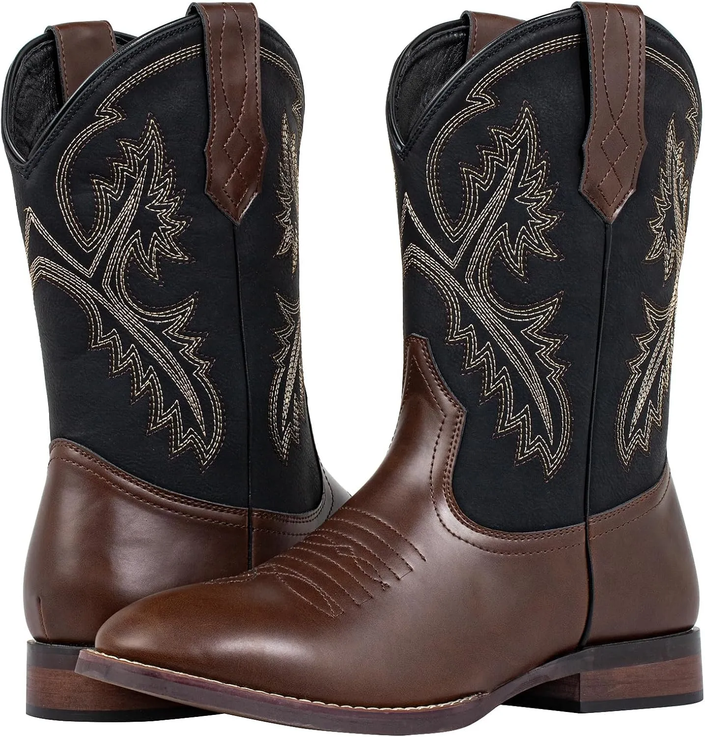 J's.o.l.e Mens Cowboy Boots R Toe Western Embroidered Slip On Country Horsing Riding Round Toe Boots Brown