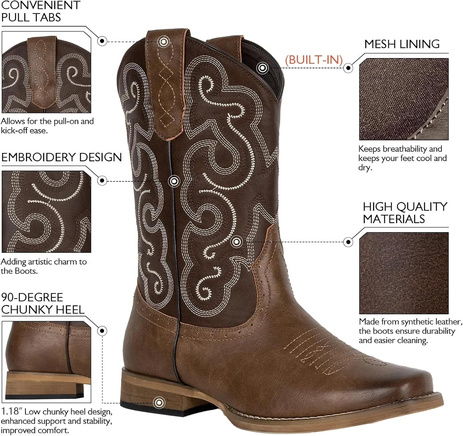 J's.o.l.e Mens Cowboy Boots Square Toe Western Boots Pull on Silp Resistant Brown Work Boots