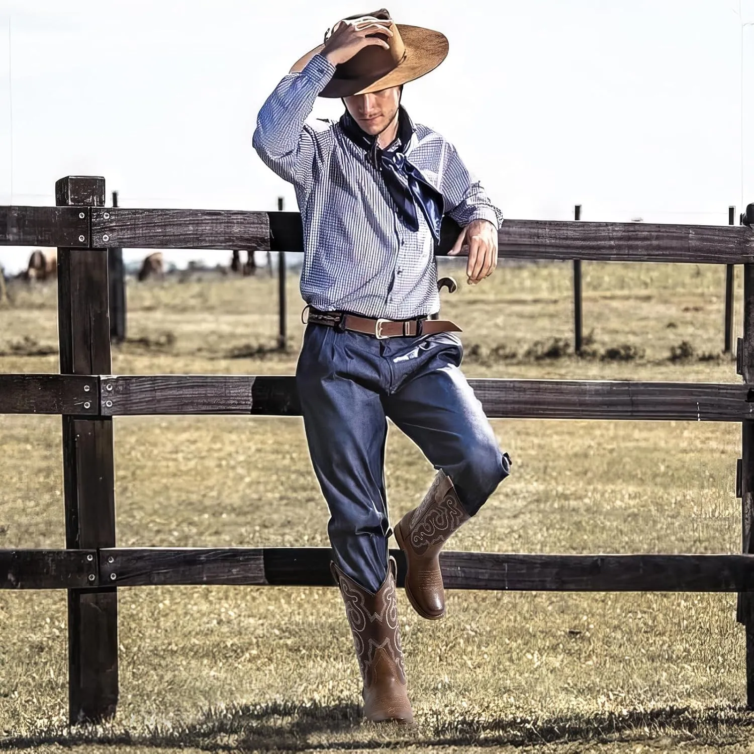 J's.o.l.e Mens Cowboy Boots Square Toe Western Boots Pull on Silp Resistant Brown Work Boots