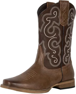 J's.o.l.e Mens Cowboy Boots Square Toe Western Boots Pull on Silp Resistant Brown Work Boots