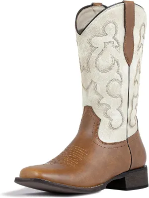 J's.o.l.e Square Toe Cowboy Boots for Women Cowgirl Fashion Two-toned Western Boots Mid Calf Brown