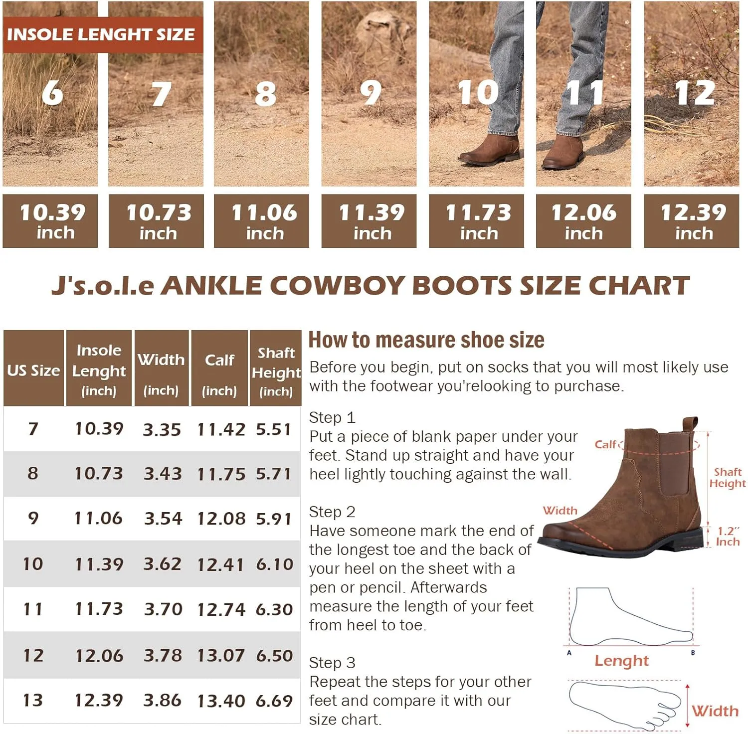 J's.o.l.e Western Cowboy Boots for Men Square Toe Chelsea Boots Ankle Mens Boots Slip On Casual Dress Shoes Brown
