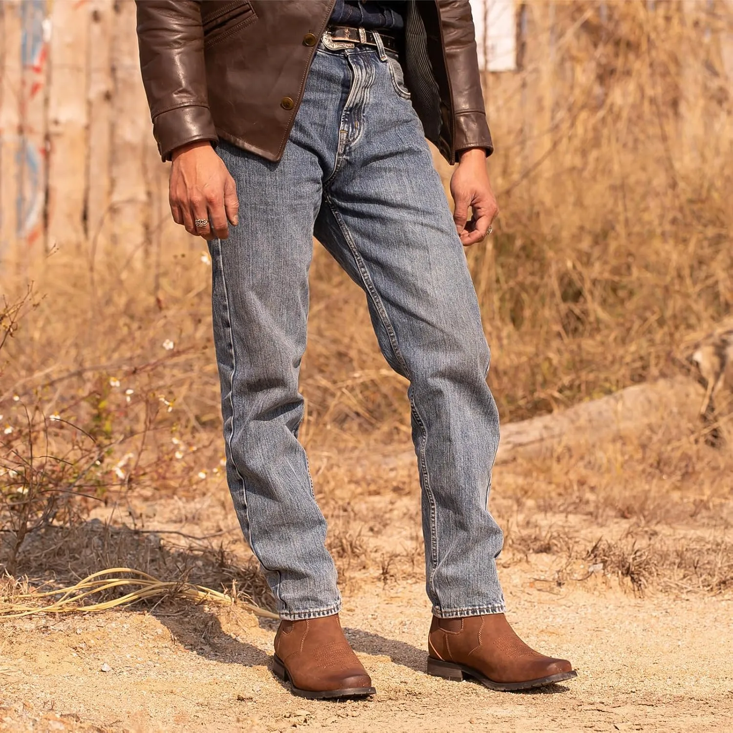 J's.o.l.e Western Cowboy Boots for Men Square Toe Chelsea Boots Ankle Mens Boots Slip On Casual Dress Shoes Brown