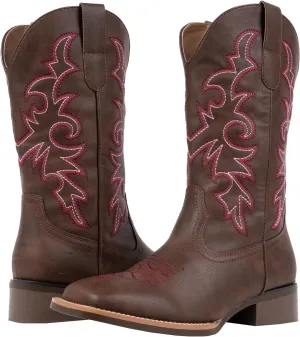 J's.o.l.e Western Wide Calf Cowboy Boots Women Wide Width Square Toe Cowgirl Boots Embroidered Riding Black Brown Boot