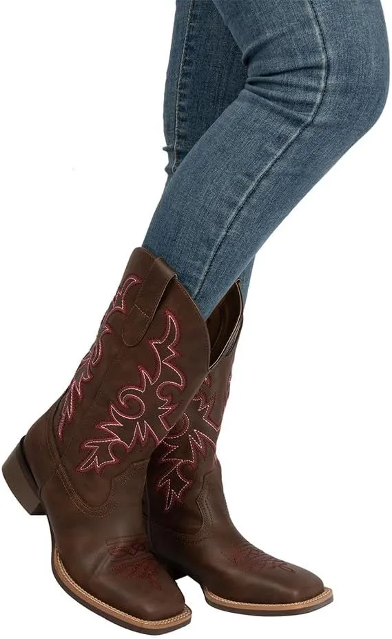 J's.o.l.e Western Wide Calf Cowboy Boots Women Wide Width Square Toe Cowgirl Boots Embroidered Riding Black Brown Boot