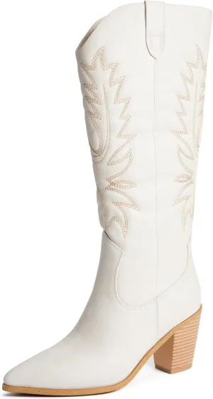 JustFab Cowboy Boots for Women Knee High Wide Calf Cowgirl Boots Embroidered Chunky Heels Pointed Toe Long Tall Western Boot Pull On - DELILAH