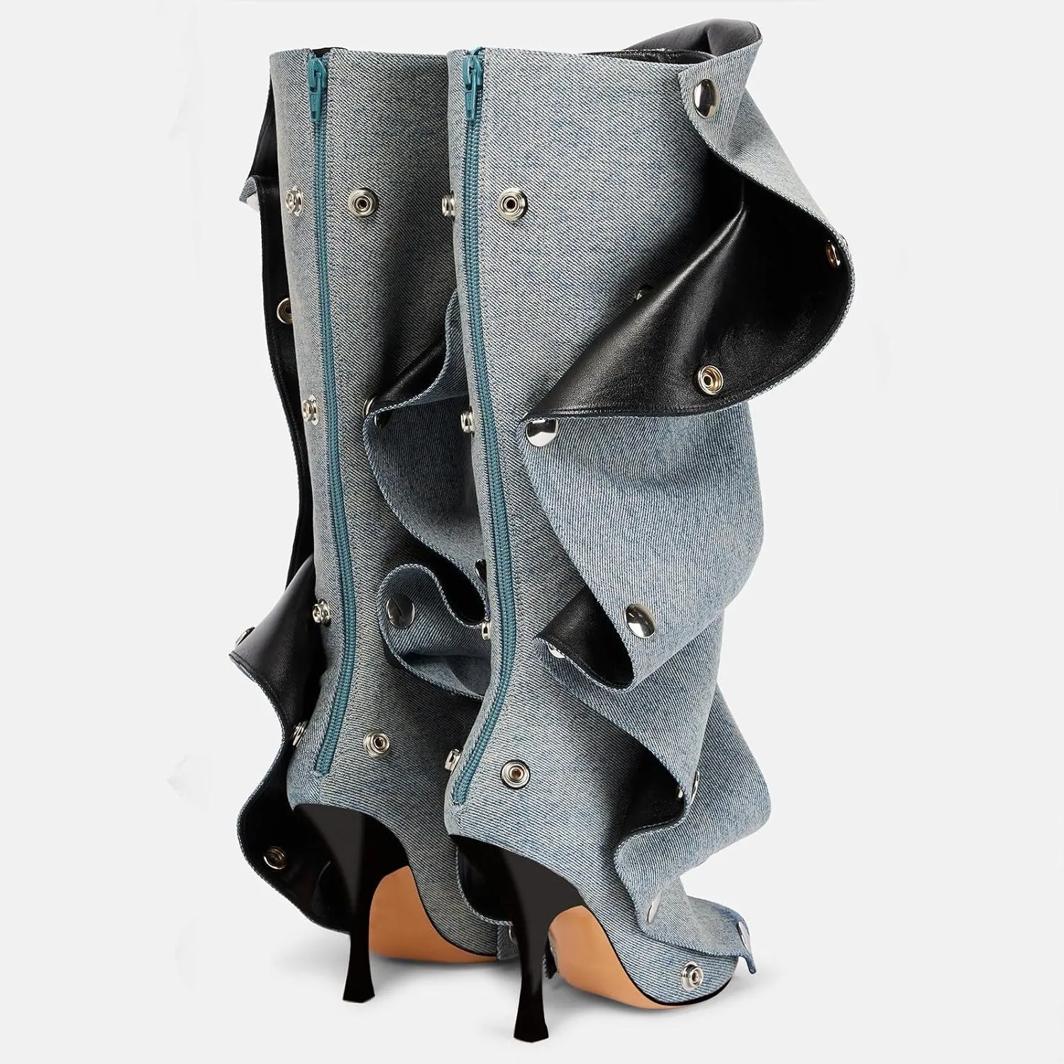 KaroNairy Women Stiletto Knee High Boots Slouch Pointed Toe High Heel Boot Detachable Snap-off Panel Shark Boots