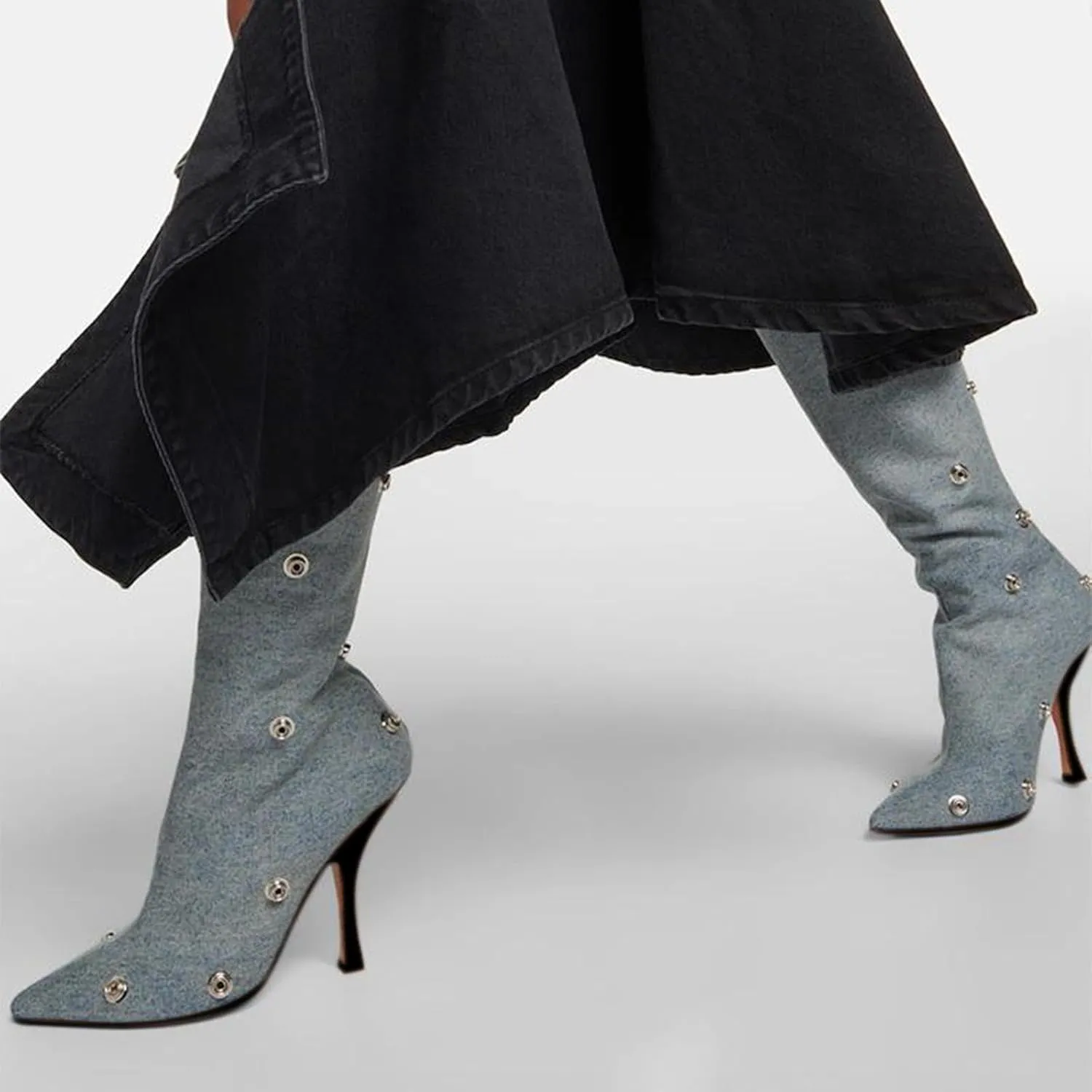 KaroNairy Women Stiletto Knee High Boots Slouch Pointed Toe High Heel Boot Detachable Snap-off Panel Shark Boots