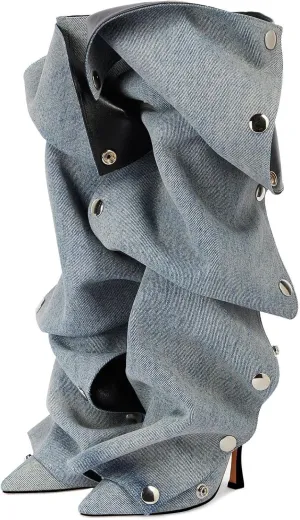 KaroNairy Women Stiletto Knee High Boots Slouch Pointed Toe High Heel Boot Detachable Snap-off Panel Shark Boots