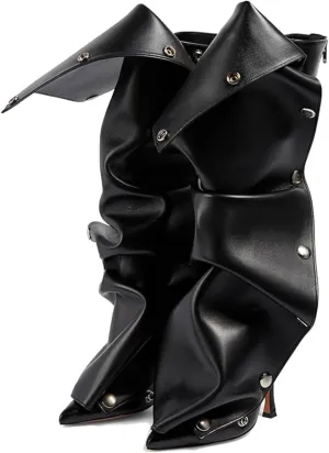 KaroNairy Women Stiletto Knee High Boots Slouch Pointed Toe High Heel Boot Detachable Snap-off Panel Shark Boots