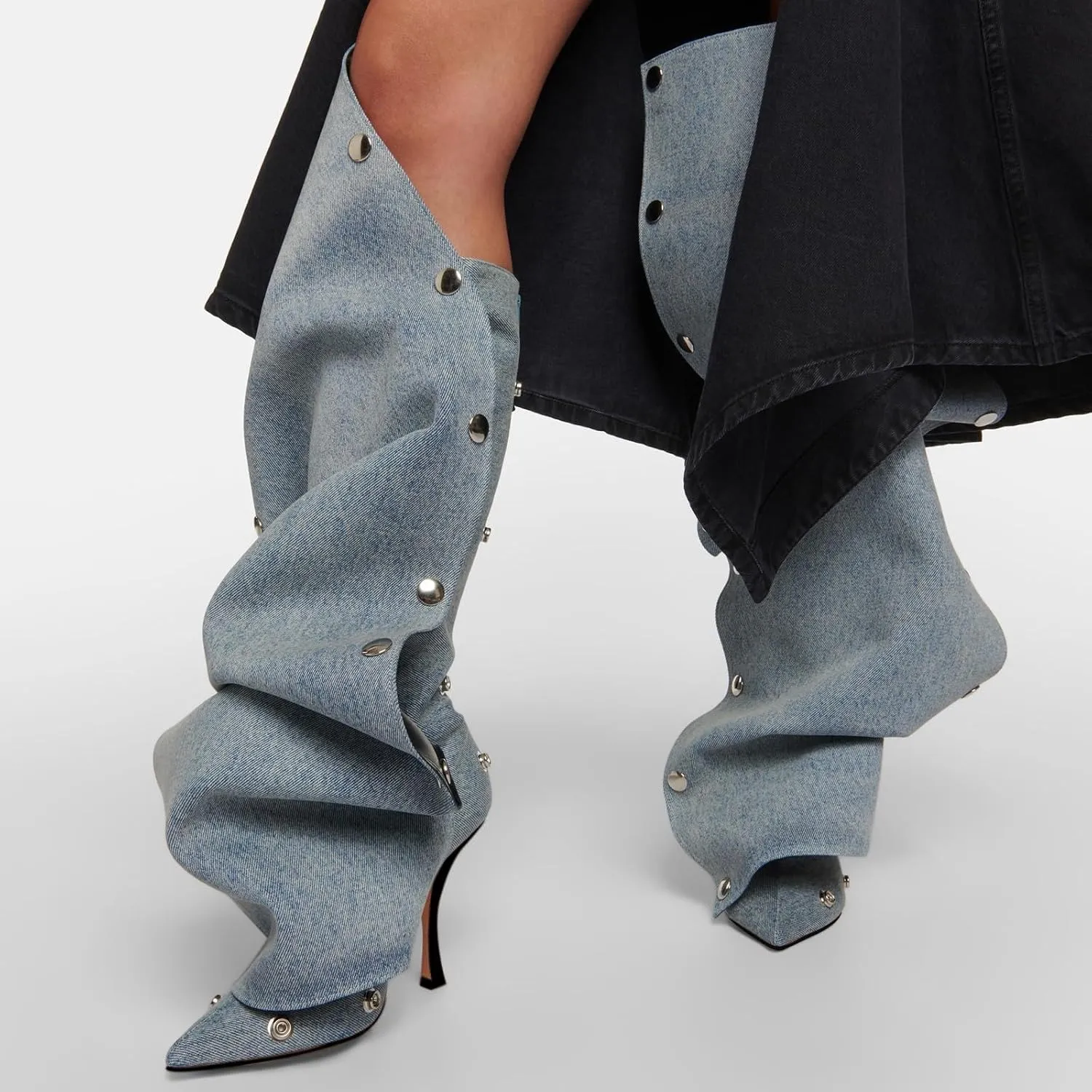 KaroNairy Women Stiletto Knee High Boots Slouch Pointed Toe High Heel Boot Detachable Snap-off Panel Shark Boots