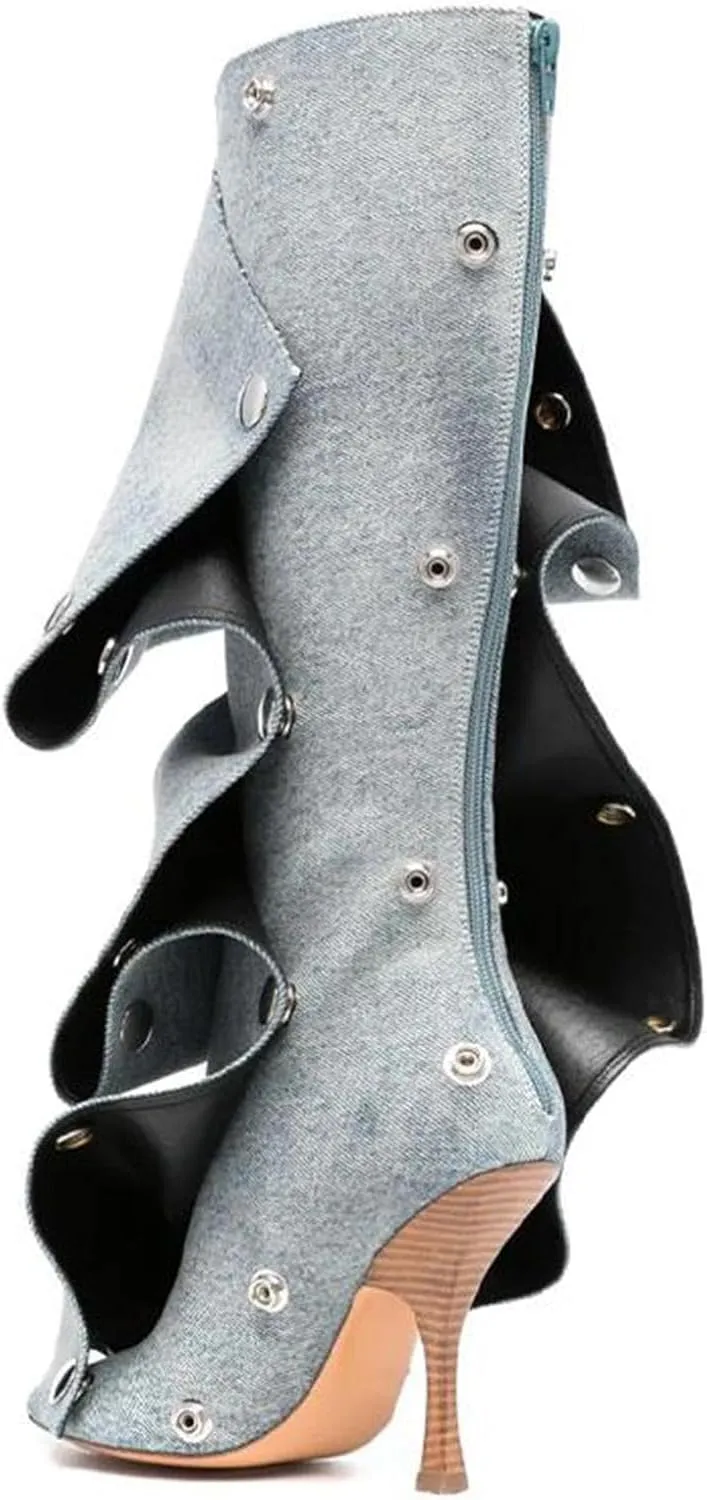 KaroNairy Women Stiletto Knee High Boots Slouch Pointed Toe High Heel Boot Detachable Snap-off Panel Shark Boots