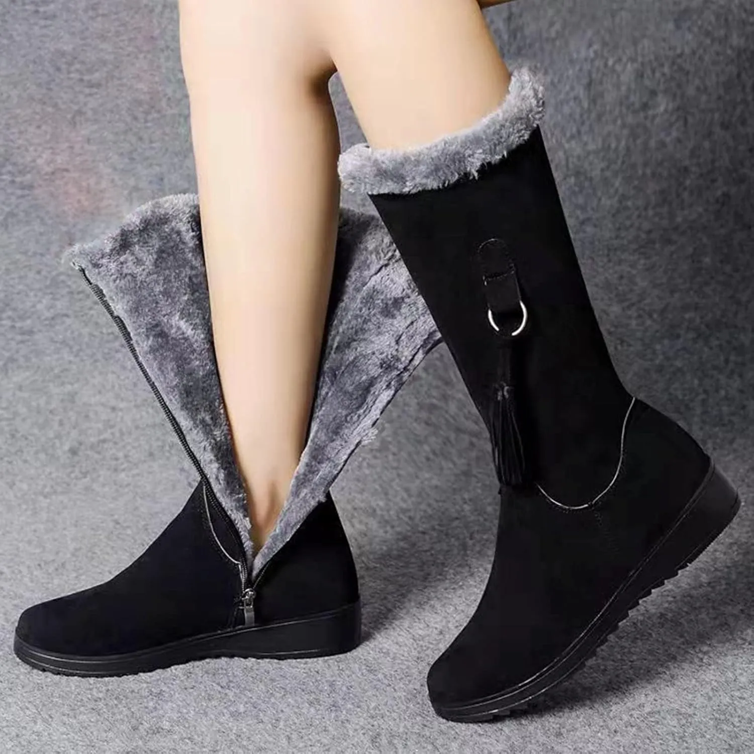 Keilinia Women's Winter Fashion Mid-Calf Snow Boots,2022 New Warm Faux Fur-Lined Non-slip Side Zip Suede Leather Tall Boots