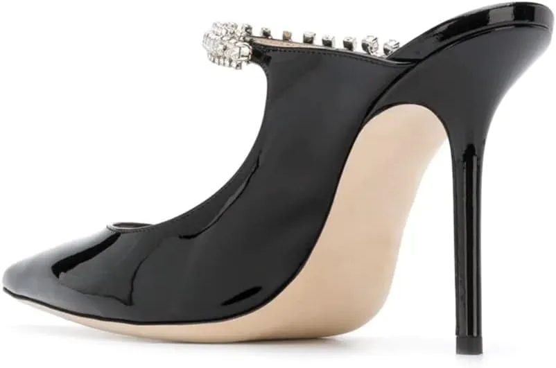 keleimusi Women's Heeled Mules Rhinestone Strap Pointed Toe Heeled Sandals High Heels Slip On Fashion Dress Bridal Mules Shoes For Women