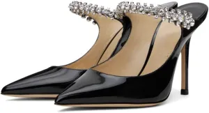 keleimusi Women's Heeled Mules Rhinestone Strap Pointed Toe Heeled Sandals High Heels Slip On Fashion Dress Bridal Mules Shoes For Women