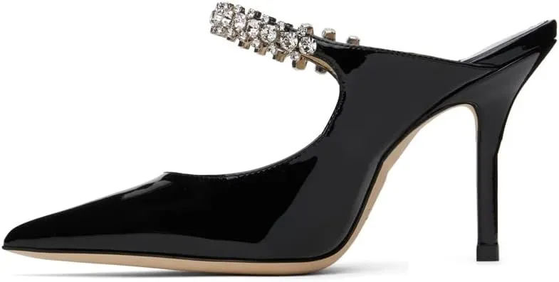 keleimusi Women's Heeled Mules Rhinestone Strap Pointed Toe Heeled Sandals High Heels Slip On Fashion Dress Bridal Mules Shoes For Women