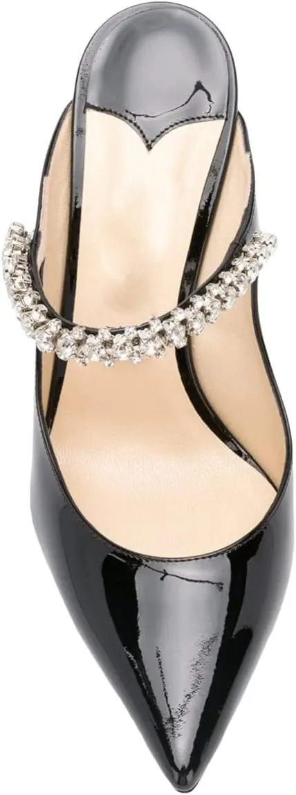 keleimusi Women's Heeled Mules Rhinestone Strap Pointed Toe Heeled Sandals High Heels Slip On Fashion Dress Bridal Mules Shoes For Women