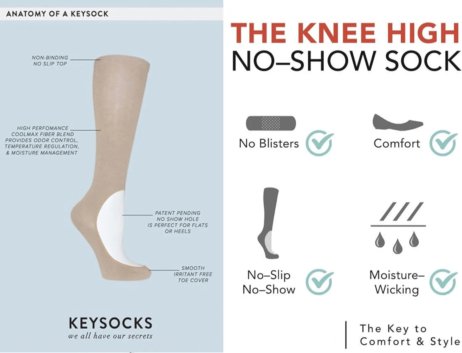 KEYSOCKS Knee High Socks for Women, Classic Light, No Show