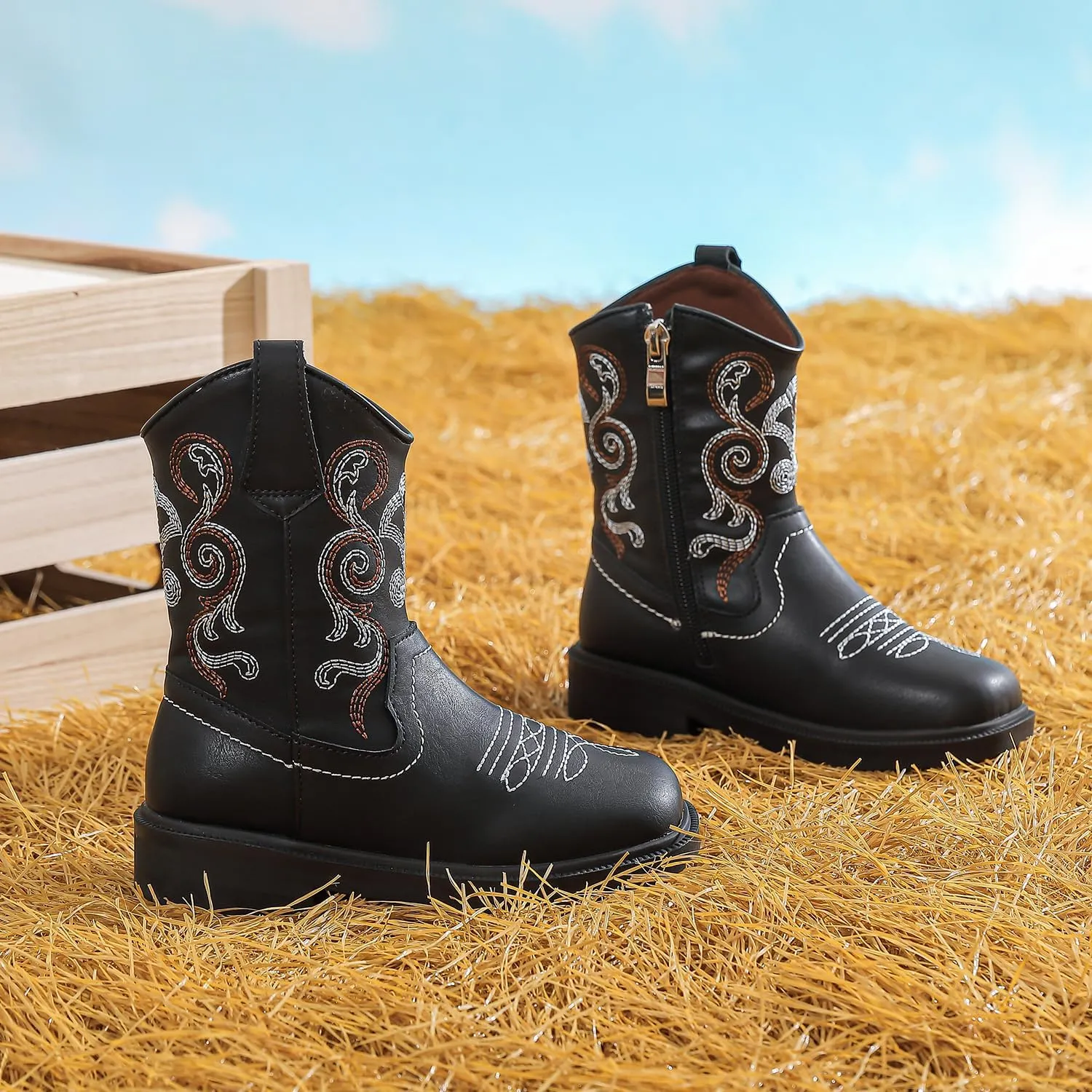 kkdom Cowboy Boots Cowgirl Boots for Toddler Little Boys Girls Kids Western Boots Square Toe Mid Calf Riding Boots