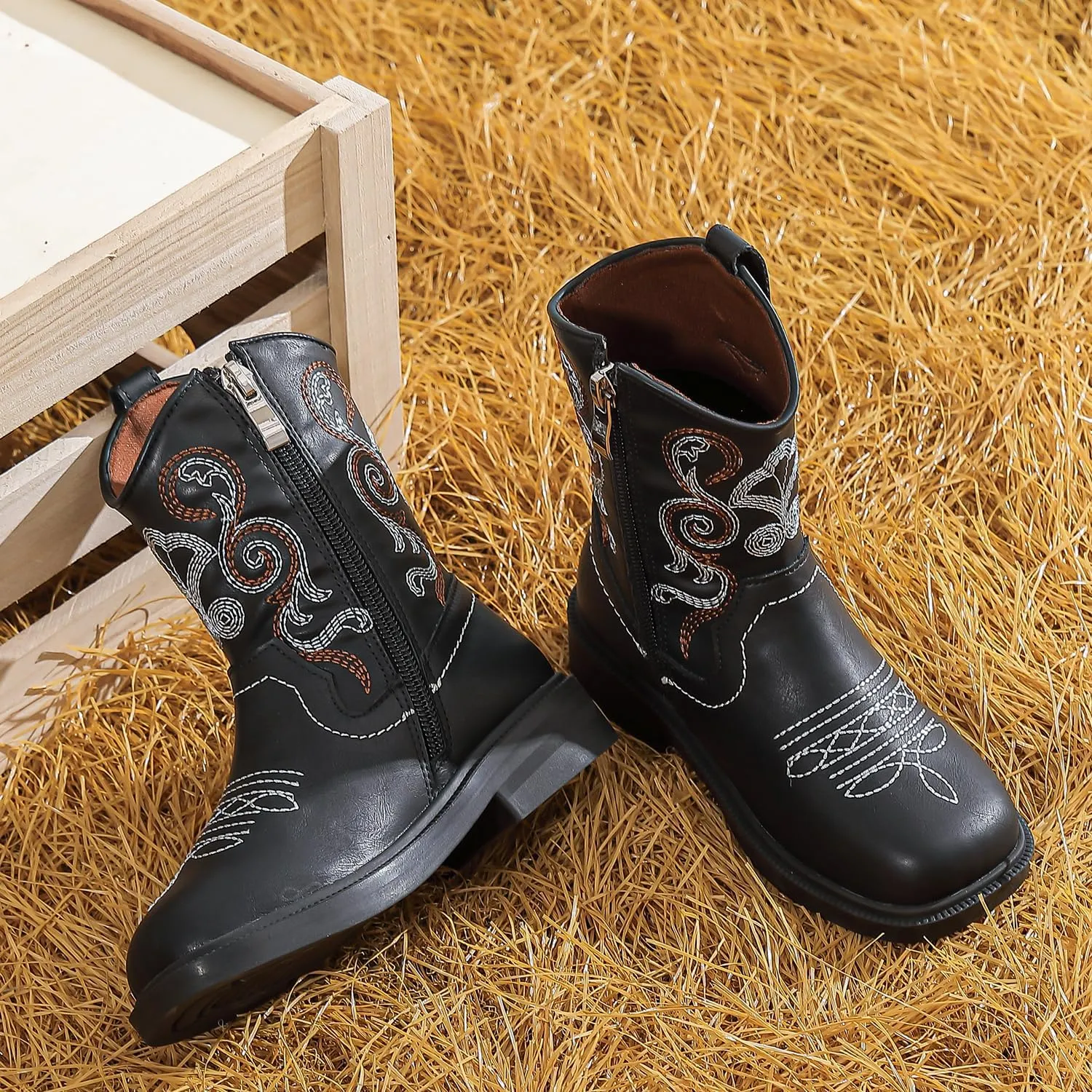 kkdom Cowboy Boots Cowgirl Boots for Toddler Little Boys Girls Kids Western Boots Square Toe Mid Calf Riding Boots
